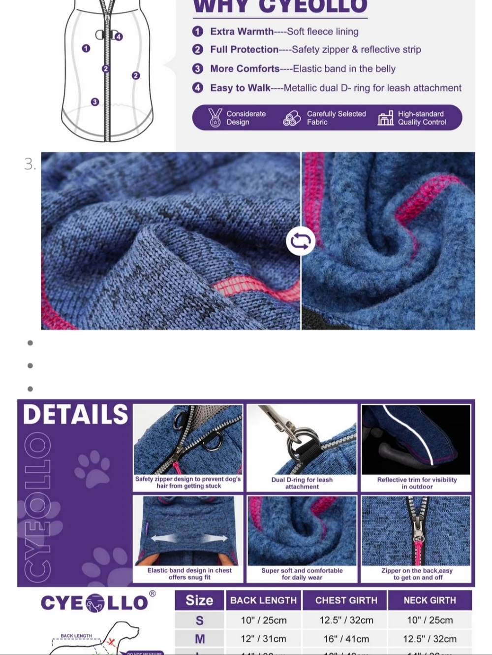 cyeollo XL Dog Jacket Coat Fleece Dog Blue with Pink Reflective